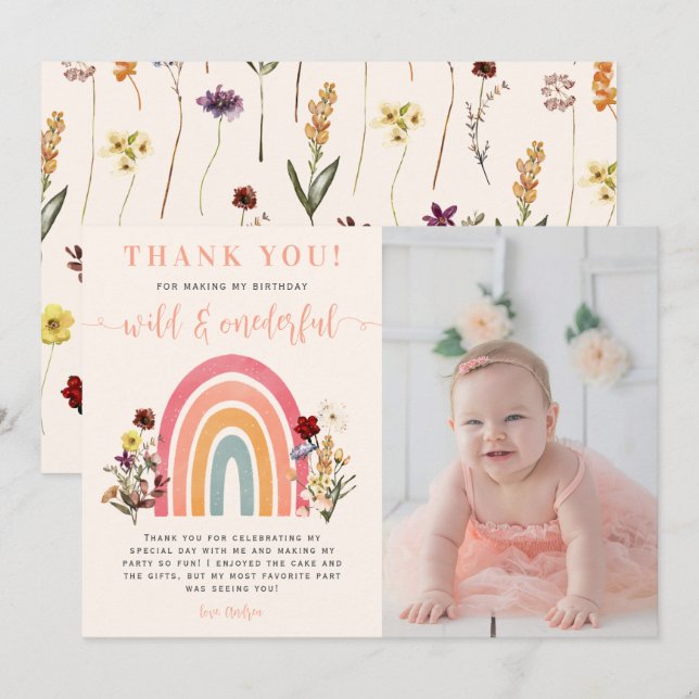 Wild Onederful Wildflower Rainbow Birthday Photo Thank You Card (Front/Back)