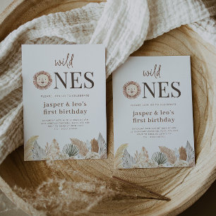 Wild Ones Twins Neutral Leaves Birthday Invitation