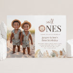 Wild Ones Twins Neutral Leaves - Photo Birthday Invitation<br><div class="desc">A watercolour lion spelling 'Wild Ones' with neutral leaves along the bottom,  perfect for your twins' joint Wild One Party! In this design you can also add your own photo to this design.</div>