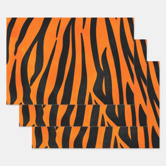Wild Orange Black Tiger Stripes Animal Print Wrapping Paper Sheet (Set)