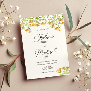 Wild orange yellow green spring floral wedding invitation