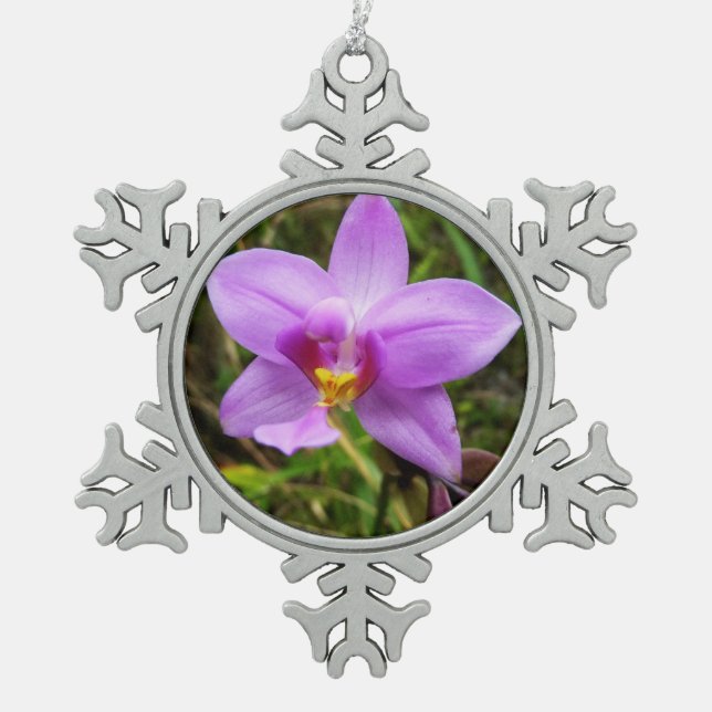 Wild Orchid Purple Tropical Flower Snowflake Pewter Christmas Ornament (Front)