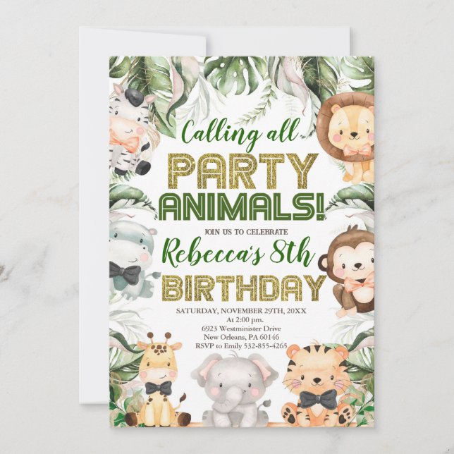 Wild Party Animals Birthday, Any Age, Safari Invitation (Front)