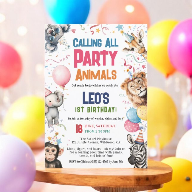 Wild Party Calling All Animals 1st Birthday Safari Invitation (Wild Party Calling All Animals 1st Birthday Safari Invitation)