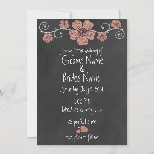 Wild Peach Roses Chalkboard Wedding Invitation (Front)