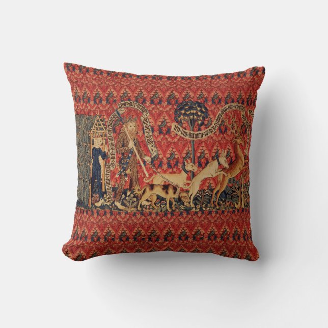 WILD PEOPLE IN DEER HUNT, Animals ,Red Floral  Cushion (Front)