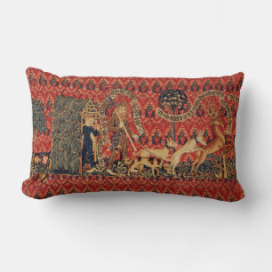 WILD PEOPLE IN DEER HUNT, Animals ,Red Floral Lumbar Cushion
