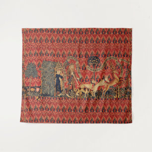 WILD PEOPLE IN DEER HUNT, Animals ,Red Floral Tapestry