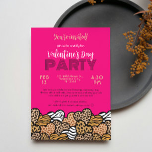 Wild Pink Animal Print Heart Valentine's Day Party Invitation