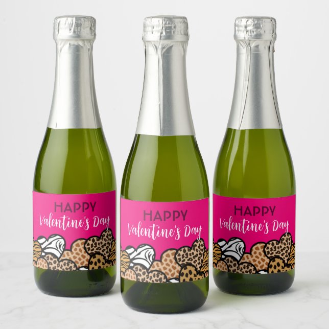 Wild Pink Animal Print Heart Valentine's Day Party Sparkling Wine Label (Bottles)