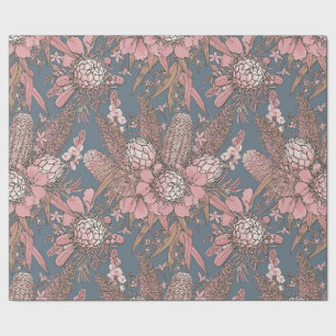 Wild Pink Bush Flower Bouquet - Protea & Grevillea Wrapping Paper