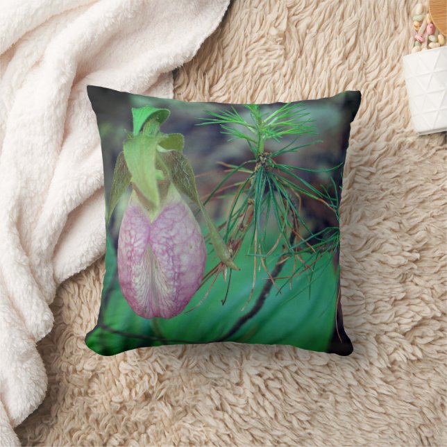 Wild Pink Lady Slipper Orchid And Evergreens   Cushion (Blanket)