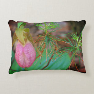 Wild Pink Lady Slipper Orchid And Evergreens   Decorative Cushion