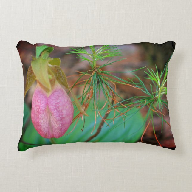 Wild Pink Lady Slipper Orchid And Evergreens   Decorative Cushion (Front)