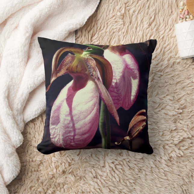 Wild Pink Lady Slipper Orchid Pair Close Up  Cushion (Blanket)