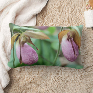 Wild Pink Lady Slipper Orchid Pair  Lumbar Cushion