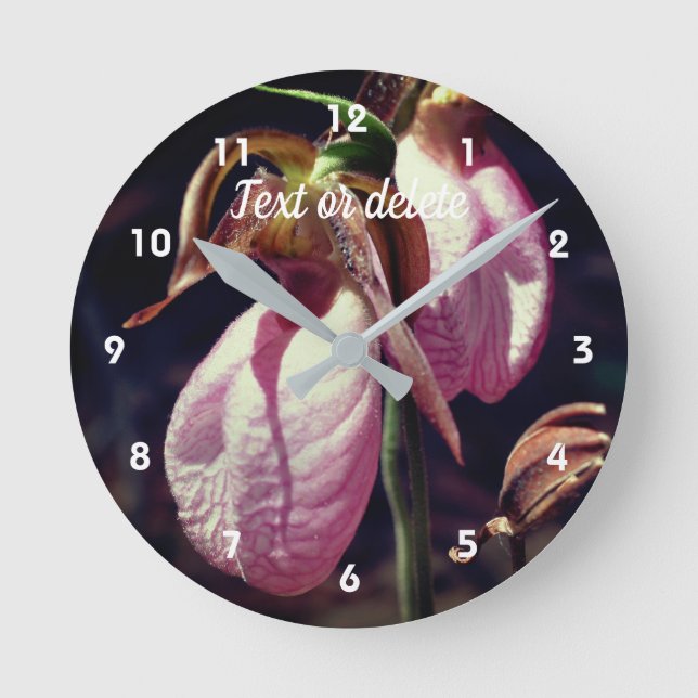 Wild Pink Lady Slipper Orchid Pair Personalised Round Clock (Front)