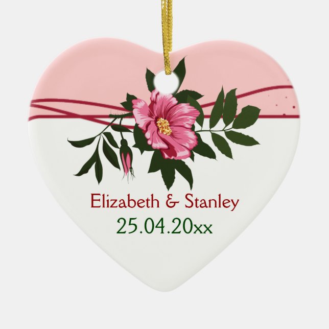 Wild pink rose floral wedding keepsake ornament (Front)