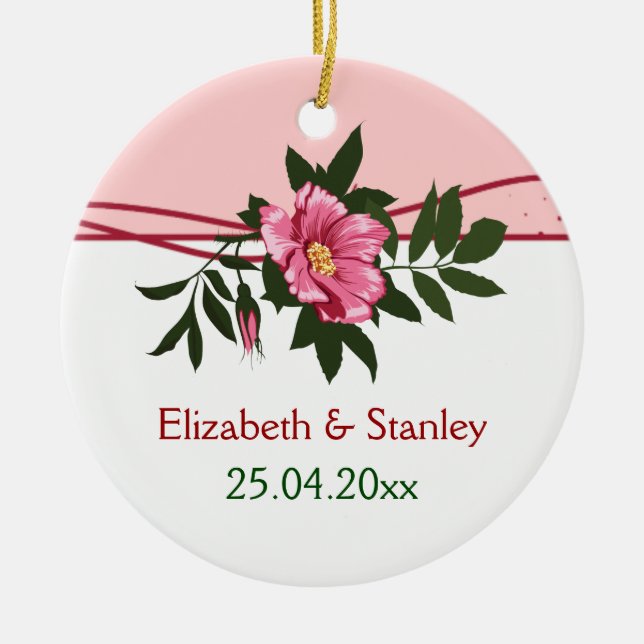 Wild pink rose floral wedding keepsake ornament (Front)