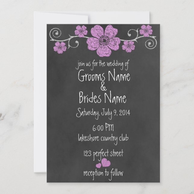 Wild Pink Roses Chalkboard Wedding Invitation (Front)
