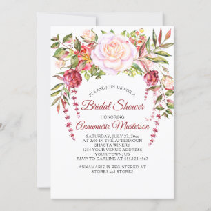 Wild Pink Roses Greenery Bridal Shower Invitation