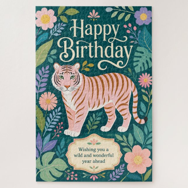 Wild Pink Tiger Birthday Adventure Jigsaw Puzzle (Vertical)