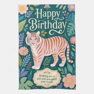 Wild Pink Tiger Birthday Adventure Tea Towel