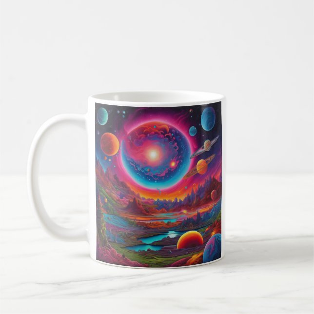 Wild planets psychedelic art coffee mug (Left)
