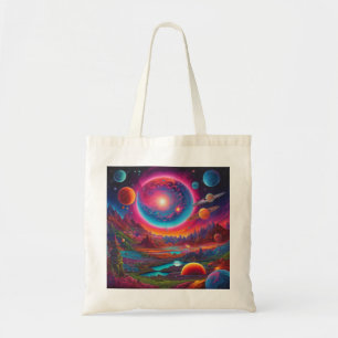 Wild planets psychedelic art tote bag