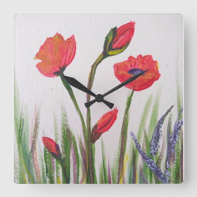 Wild poppy square wall clock (Front)