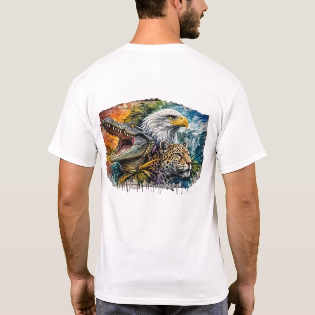  Wild Predators Artistic Collage - Eagle, Leopard, T-Shirt (Back)
