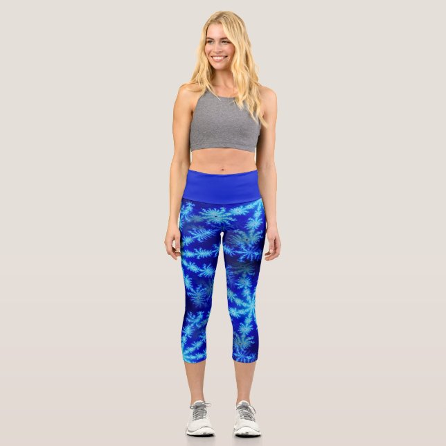 Wild Psychedelic Blue Snowflake Fractal Starburst Capri Leggings (Front)