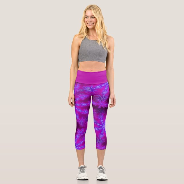 Wild Psychedelic Magenta Purple Fractal Starburst Capri Leggings (Front)