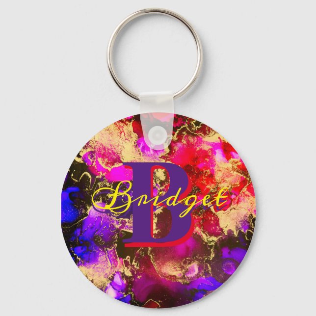 Wild Purple and Fuscia Alcohol Ink Key Ring (Front)