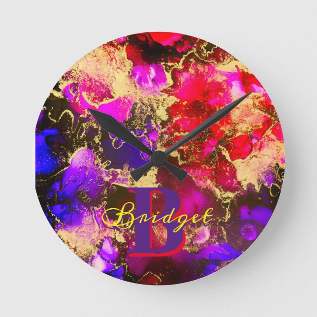 Wild Purple and Fuscia Alcohol Ink Round Clock (Front)