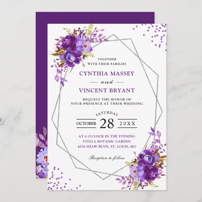 Wild Purple Floral Modern Geometric Frame Wedding Invitation (Front/Back)