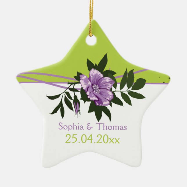 Wild purple rose floral wedding green keepsake ceramic tree decoration (Front)