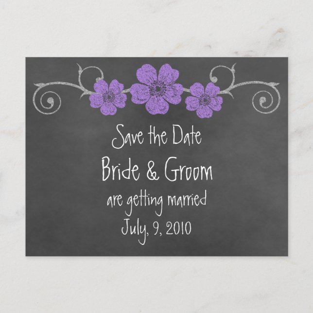 Wild Purple Roses Chalkboard Save the Date Announcement Postcard (Front)