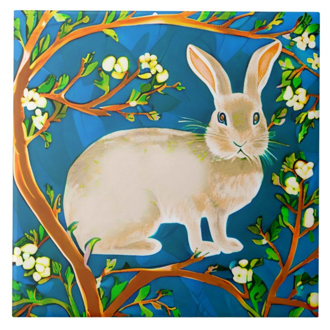Wild Rabbit and Flowering Branches Ceramic Tile (Front)