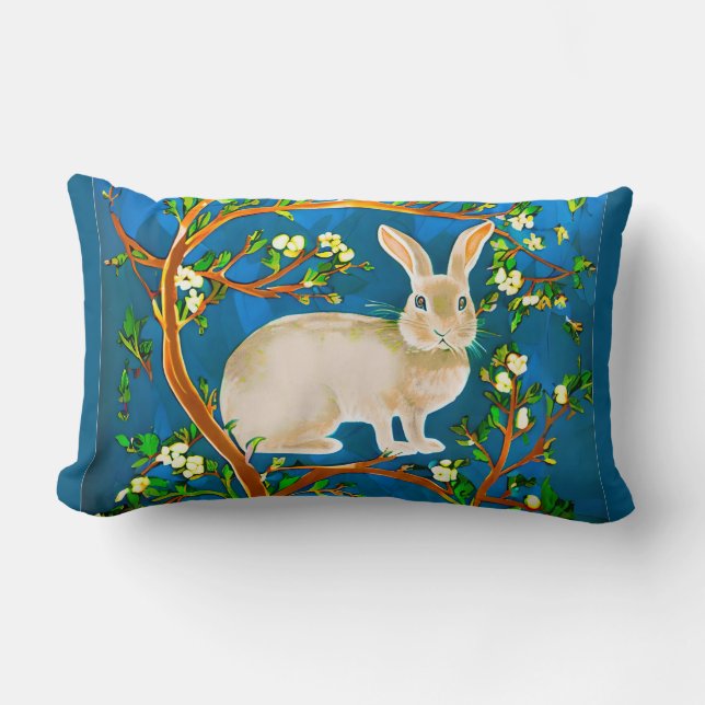 Wild Rabbit and Flowering Branches Lumbar Cushion (Front)