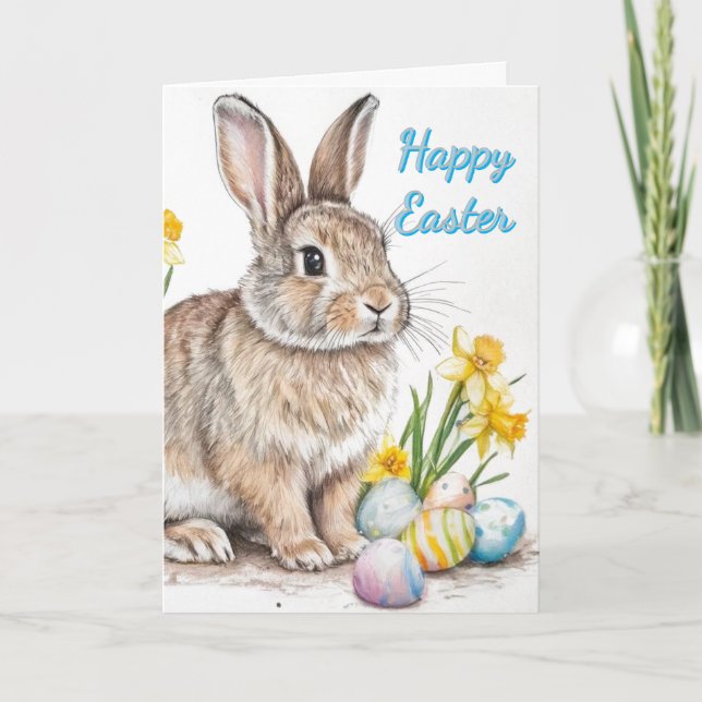 Wild Rabbit with Daffodils Easter Holiday  Card (Front)