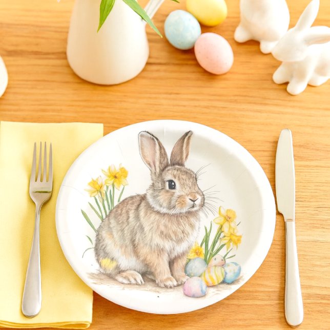 Wild Rabbit with Daffodils Easter  Paper Plate (Darling Easter bunny paper plate, perfect for your holiday gatherings )