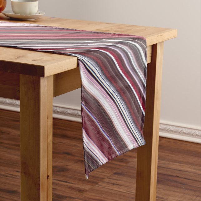 Wild Raspberry Red, Pink, and Burgundy Stripe Short Table Runner (In Situ)
