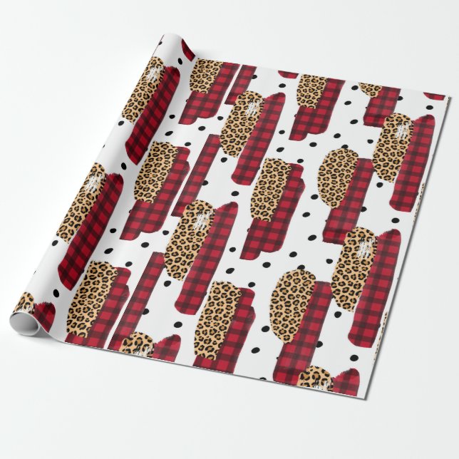 Wild Red Buffalo Plaid Leopard Print Christmas Wra Wrapping Paper (Unrolled)