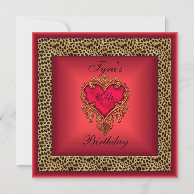 Wild Red Heart Jewel Gold Elegant 40th Birthday Invitation (Front)
