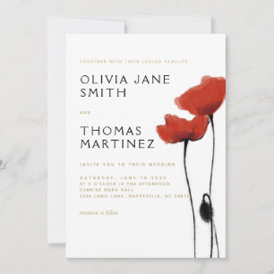 Wild Red Poppies Gold Rustic Elegant Chic Wedding Invitation