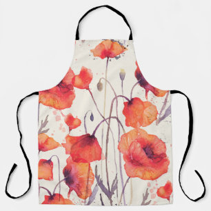 Wild red poppies, watercolor pattern apron