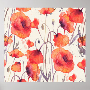 Wild red poppies, watercolor pattern poster