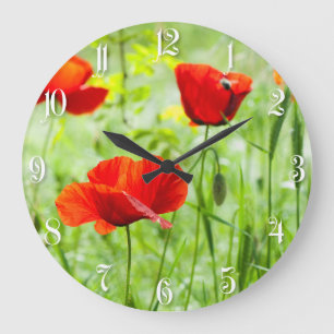 Wild red poppy flower large clock
