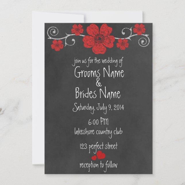 Wild Red Roses Chalkboard Wedding Invitation (Front)